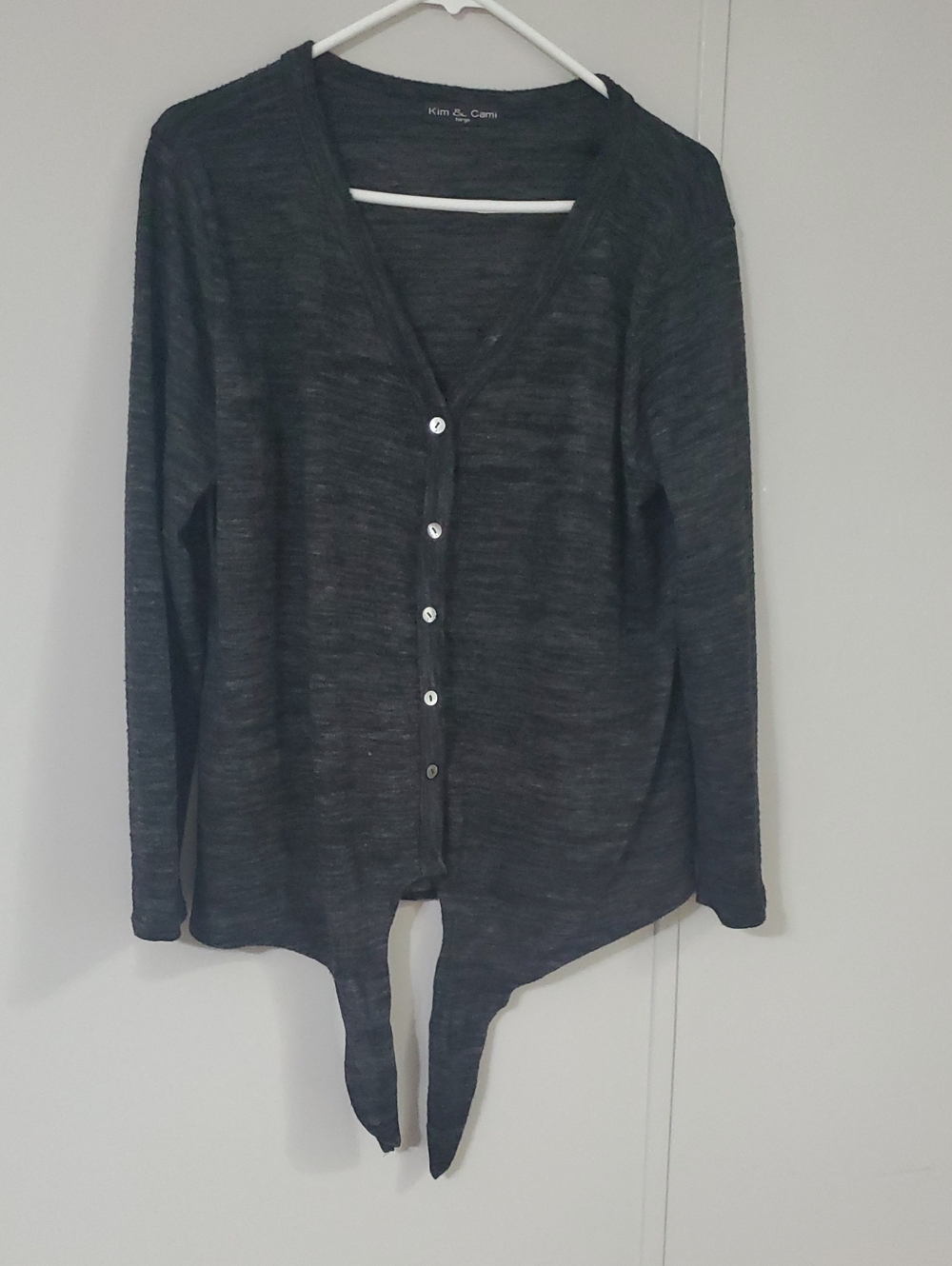 Lg. Kim & Cami Dark Charcoal Button-Front Tie Hem Cardigan